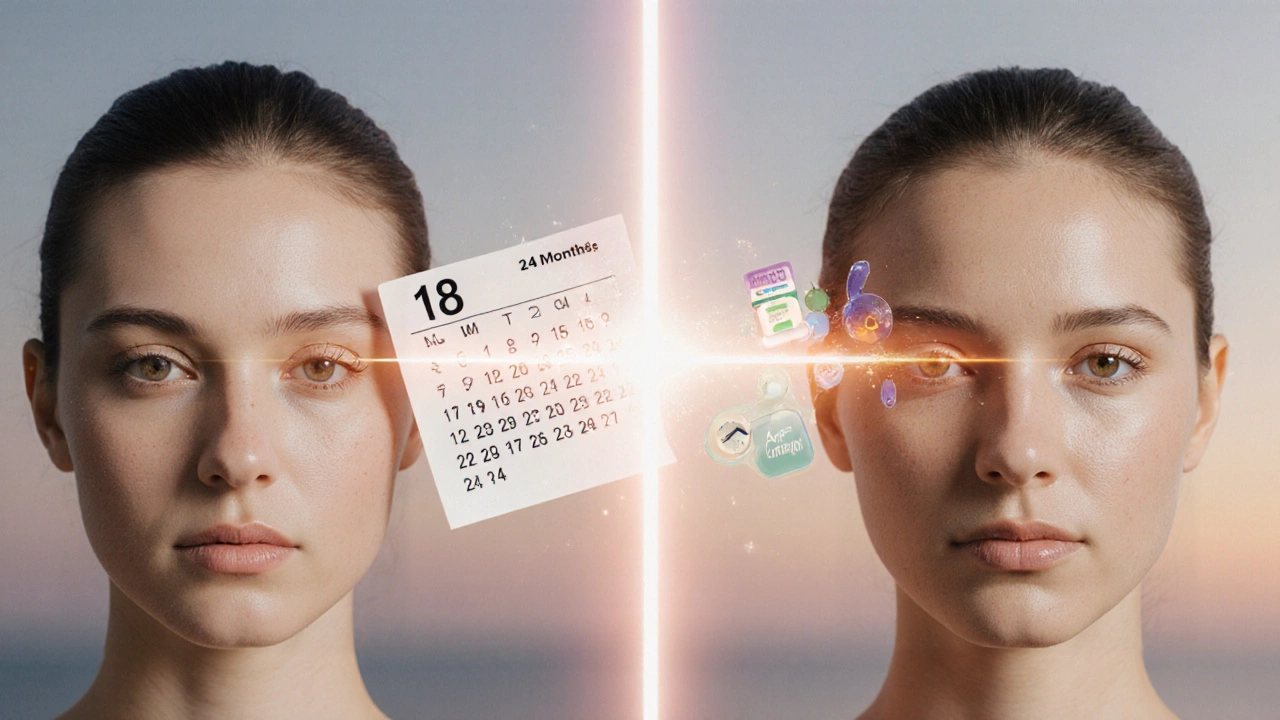 Два лица с разницей во времени, соединённые лучом лазера, вокруг — символы ухода за кожей.