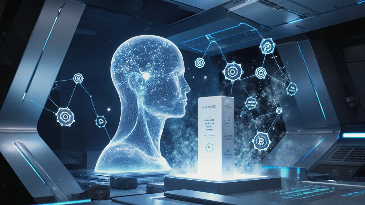 Футуристическая лаборатория с AI‑голограммой, биоутилизируемой упаковкой и наночастицами.
