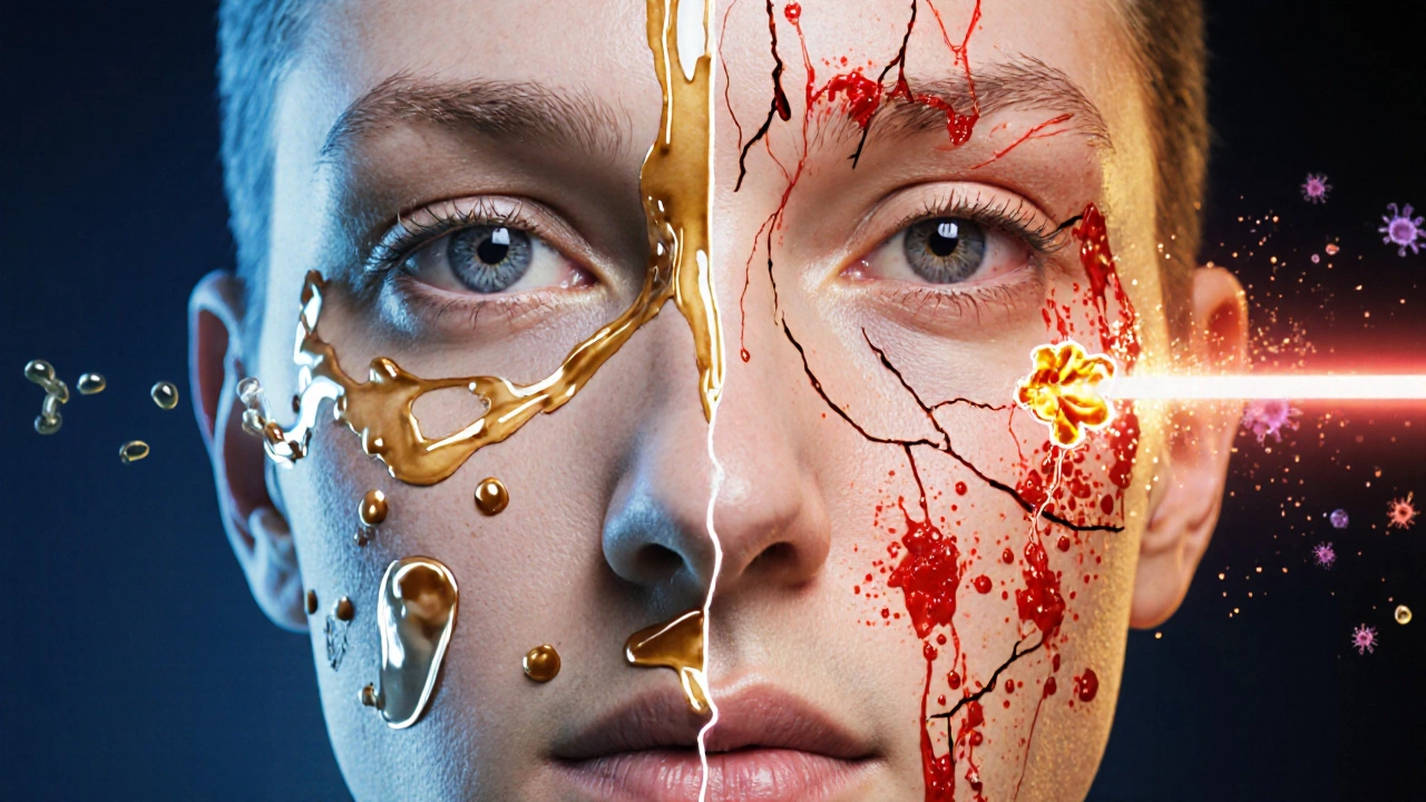 Лицо, разделенное на здоровую и воспаленную кожу, с потоками пептидов и лазерной угрозой