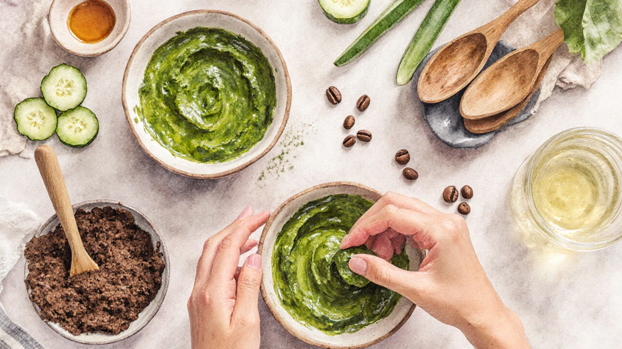 На кухонном столе готовятся маски из морских водорослей, кофе и алоэ; женщина наносит их.