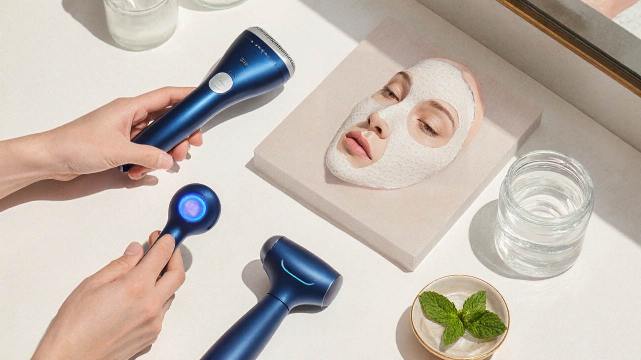 Набор домашних процедур для подтяжки лица: маска, ультразвуковой и RF‑аппарат, упражнения и массаж.