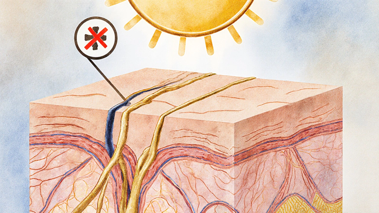 Схема кожи с восстанавливающимися коллагеновыми волокнами после лазерного воздействия и символом защиты от солнца.
