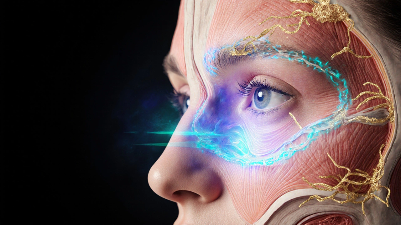 Схематичное изображение ультразвуковых волн, проникающих в глубокие слои лица для стимуляции тканей.