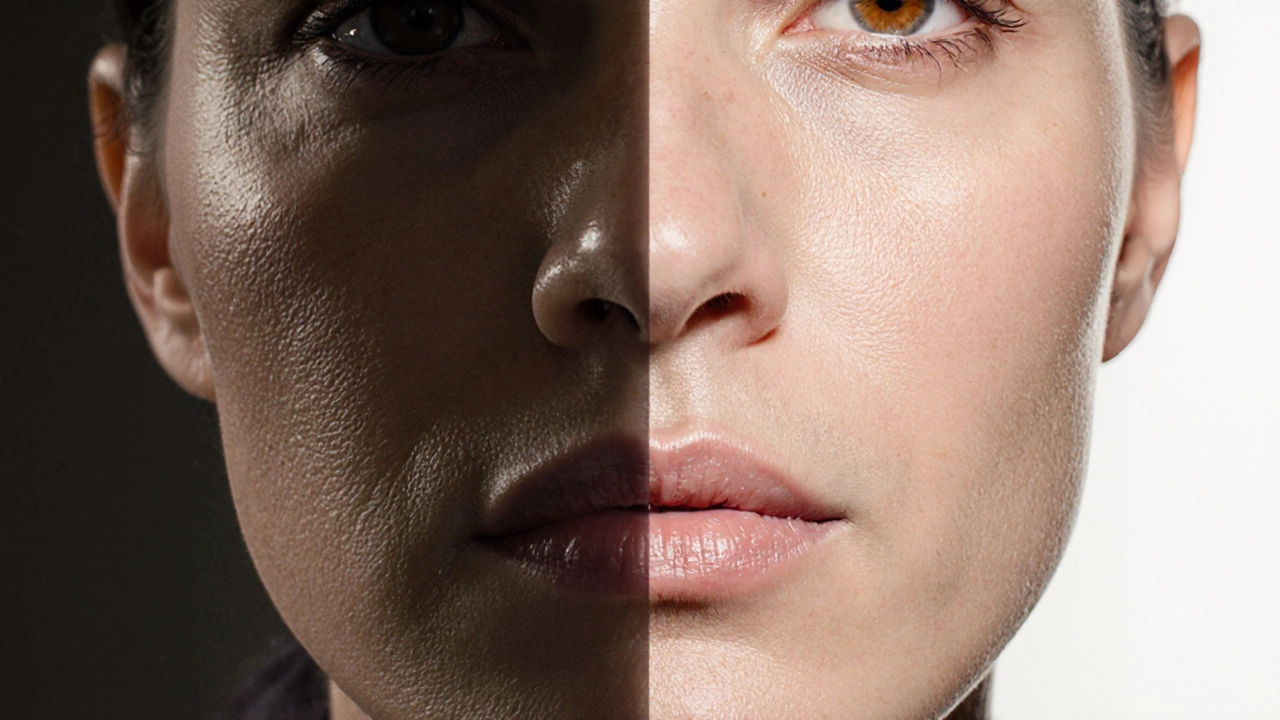 Сравнение лица до и после подтяжки: одна сторона с провисшей кожей, другая — с подтянутым овалом.