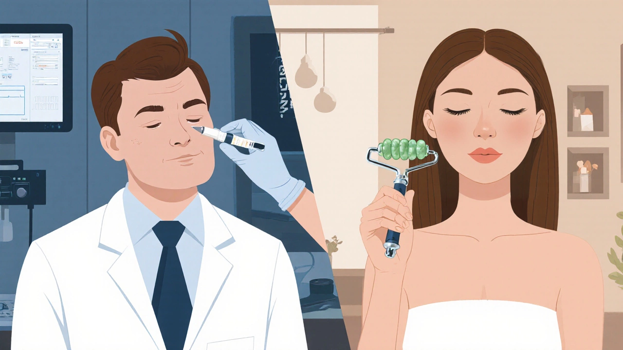 Сравнение работы врача-косметолога и эстетиста: инъекции в клинике и массаж в салоне.