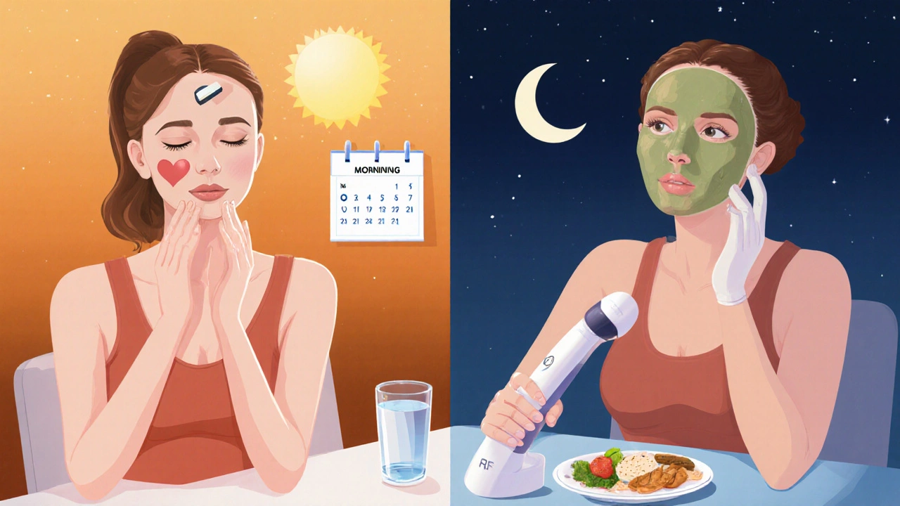 Утренний и вечерний домашний план ухода за кожей, показывающий массаж, упражнения, маску и RF‑устройство.
