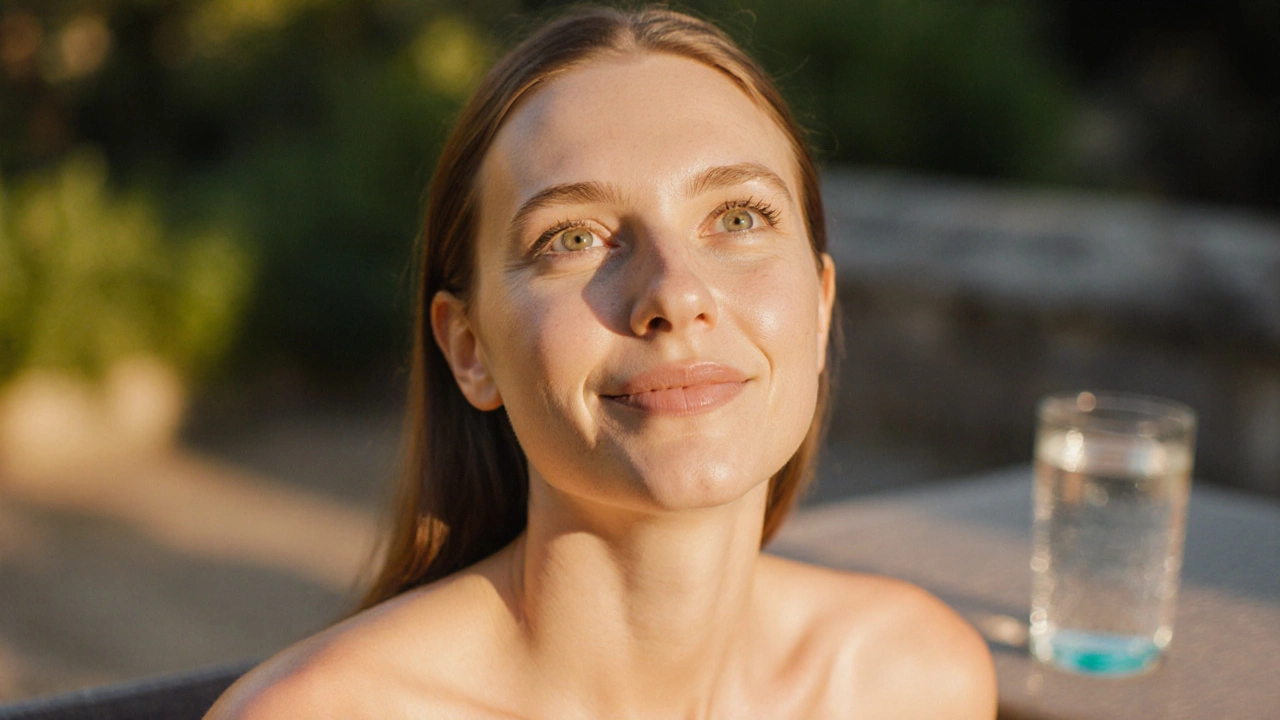 Уверенная женщина с гладкой кожей стоит на солнечной террасе, улыбаясь.