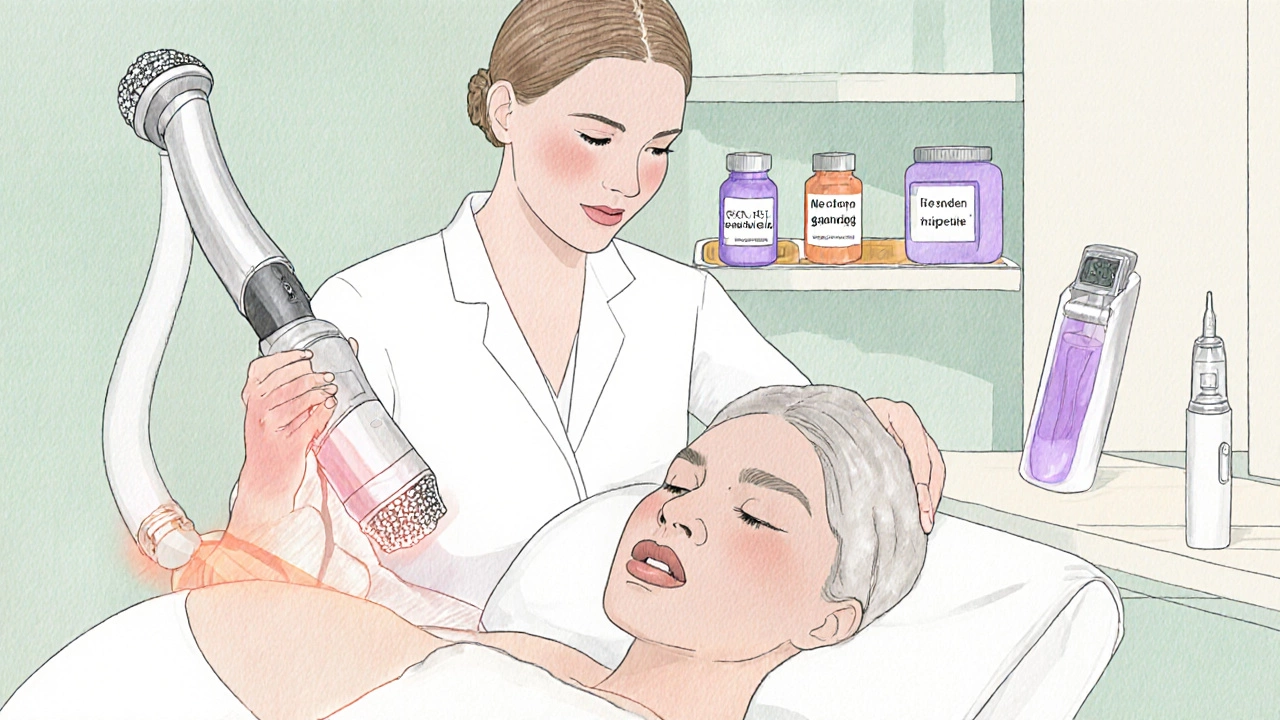 Врач в клинике проводит микродермабразию, RF‑лифтинг и биоревитализацию на клиентке.