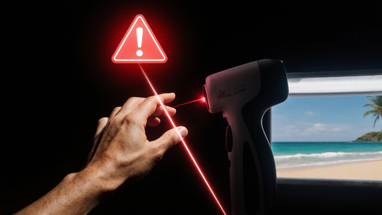 Загорелая рука с красным предупреждающим символом над лазером, фон — пляж и солярий