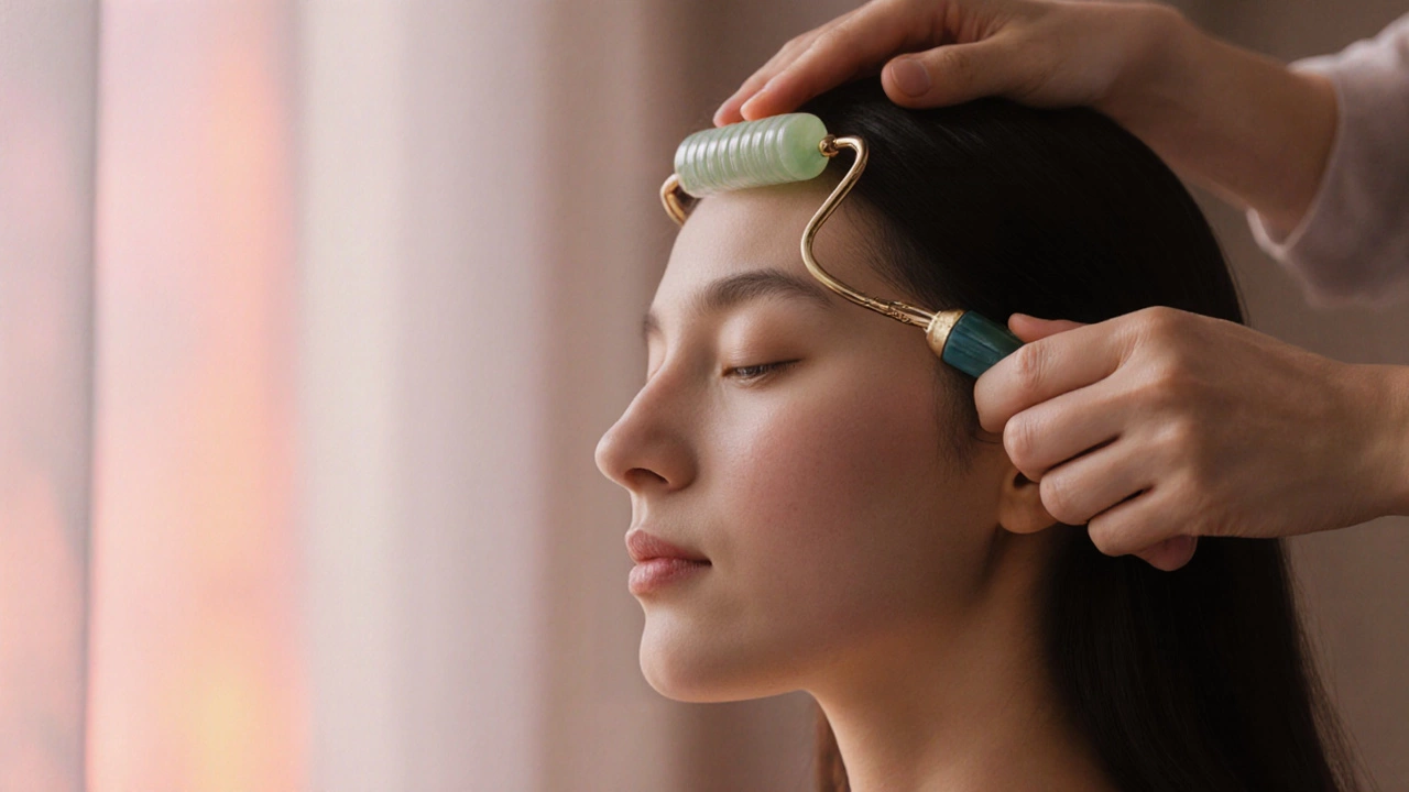 Женщина делает мягкий массаж лица кончиками пальцев и роликом, кожа выглядит сияющей.