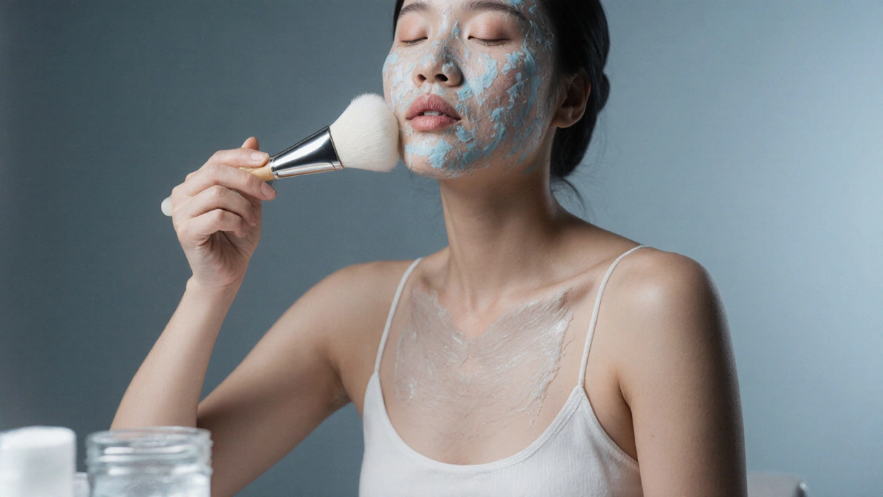 Женщина наносит светящуюся маску на лицо у туалетного столика.