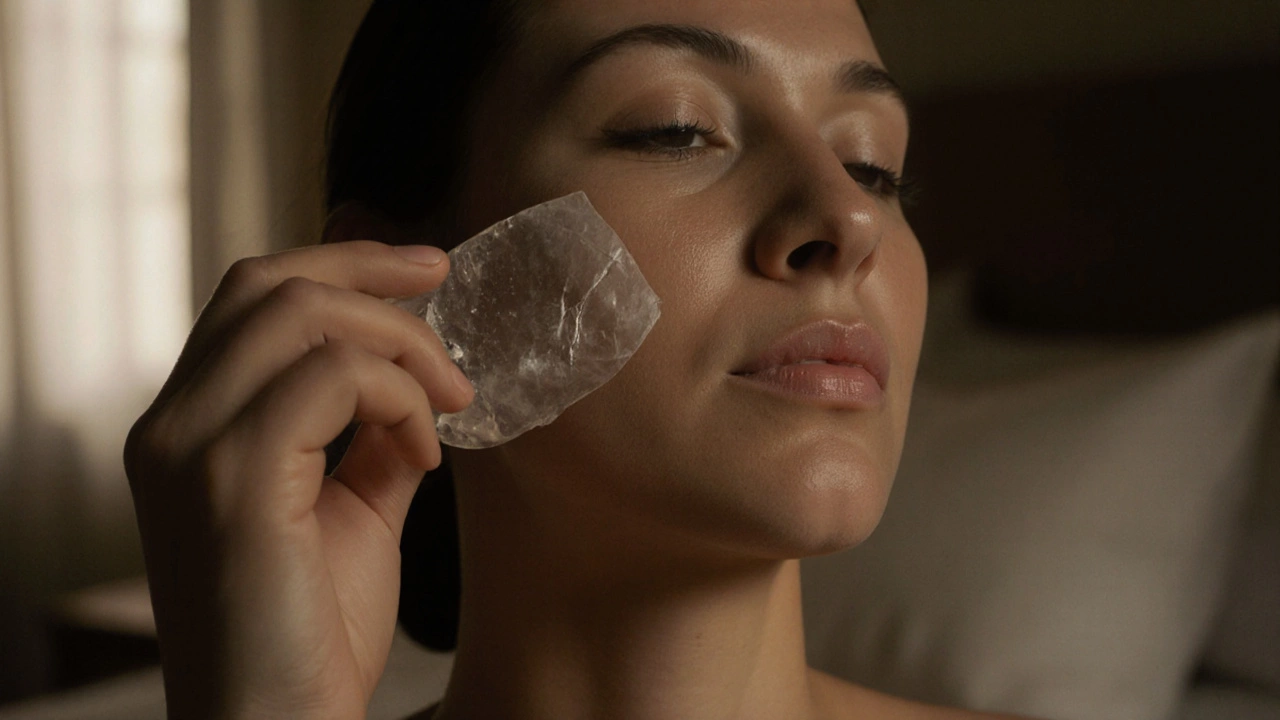 Человек делает массаж лица кварцевым инструментом, кожа сияет, в фоне — спальня и утренний свет.