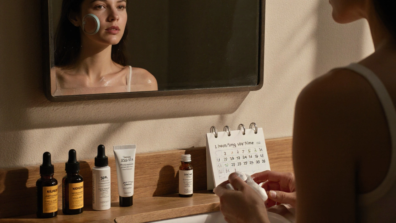 Еженедельный уход за кожей: утренние и вечерние средства, календарь применения, отражение молодой версии женщины в зеркале.