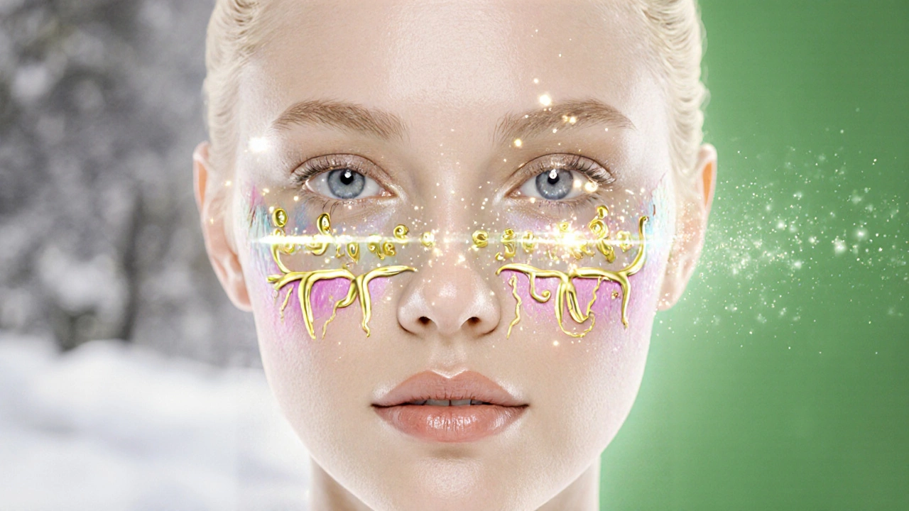 Графическое изображение лица с внутренним обновлением кожи: золотые капли гиалуроновой кислоты стимулируют коллагеновые волокна.