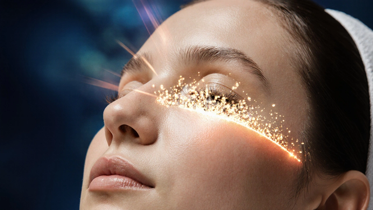 Лазерные лучи стимулируют регенерацию коллагена в коже лица, визуализированы как золотые частицы.