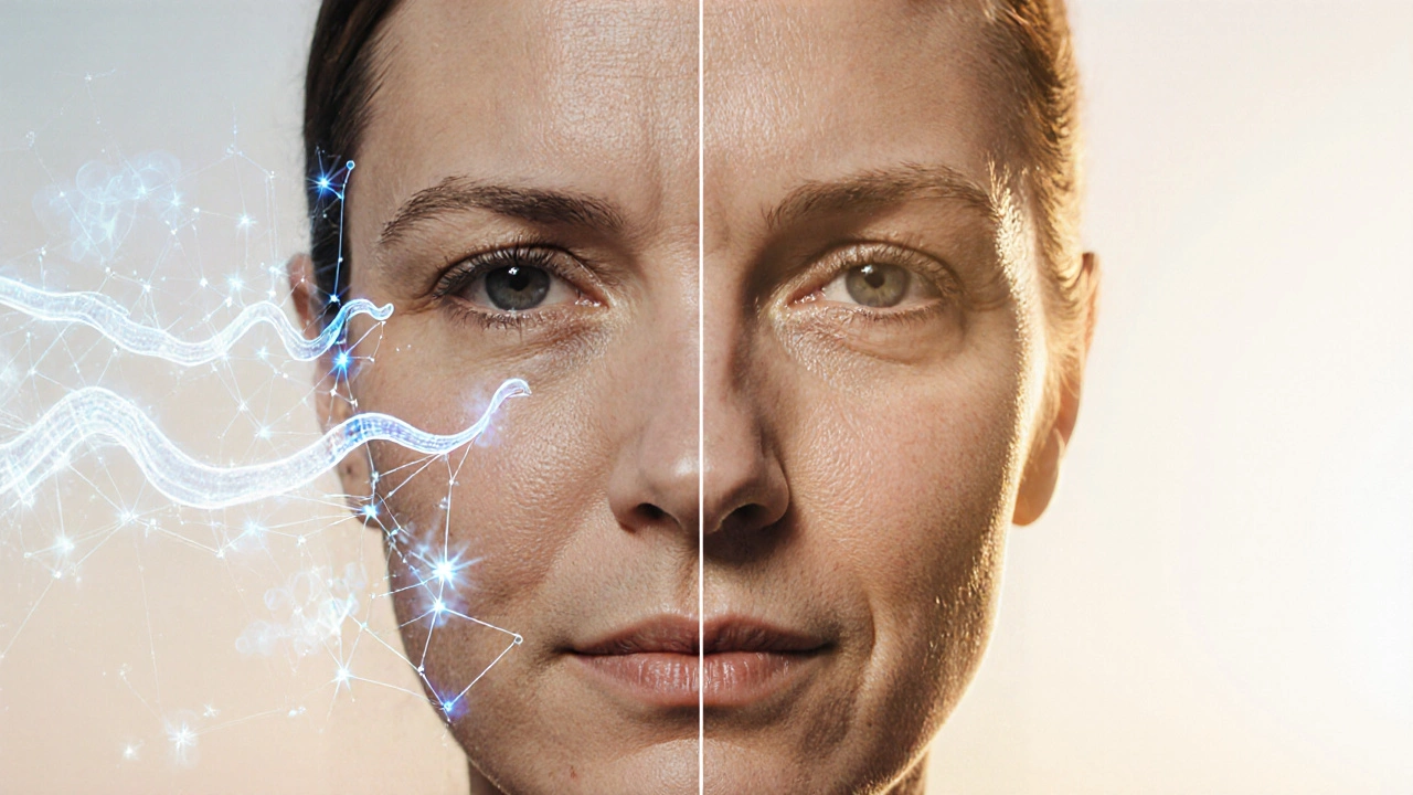 Лицо разделено пополам: старая кожа слева, омоложенная — справа, с визуализацией коллагена и энергии клеток.