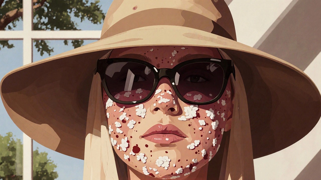 Лицо с тонкими корочками под широкополой шляпой и солнцезащитными очками.