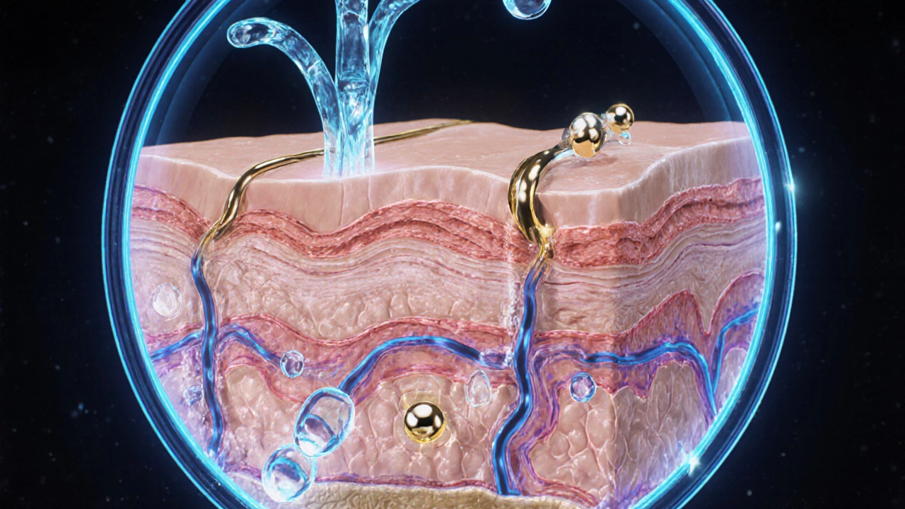 Микроскопическое изображение кожи: коллаген восстанавливается, гиалуроновая кислота притягивает воду, витамин С нейтрализует свободные радикалы.