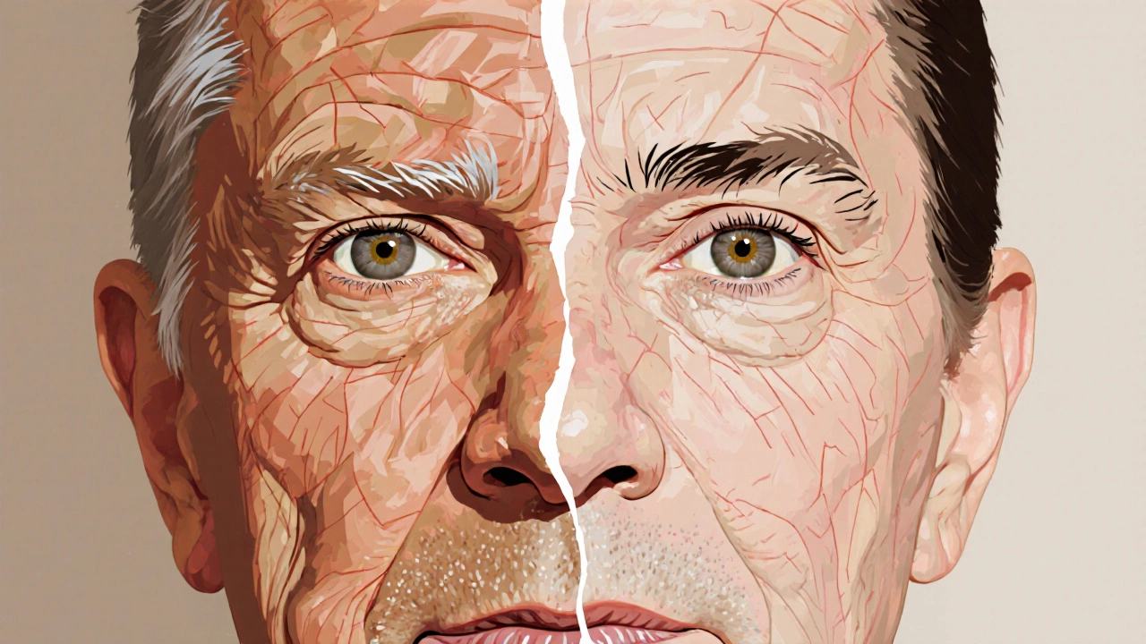 Разделенное лицо: одна сторона — естественные морщины, другая — замороженная кожа с признаками атрофии.