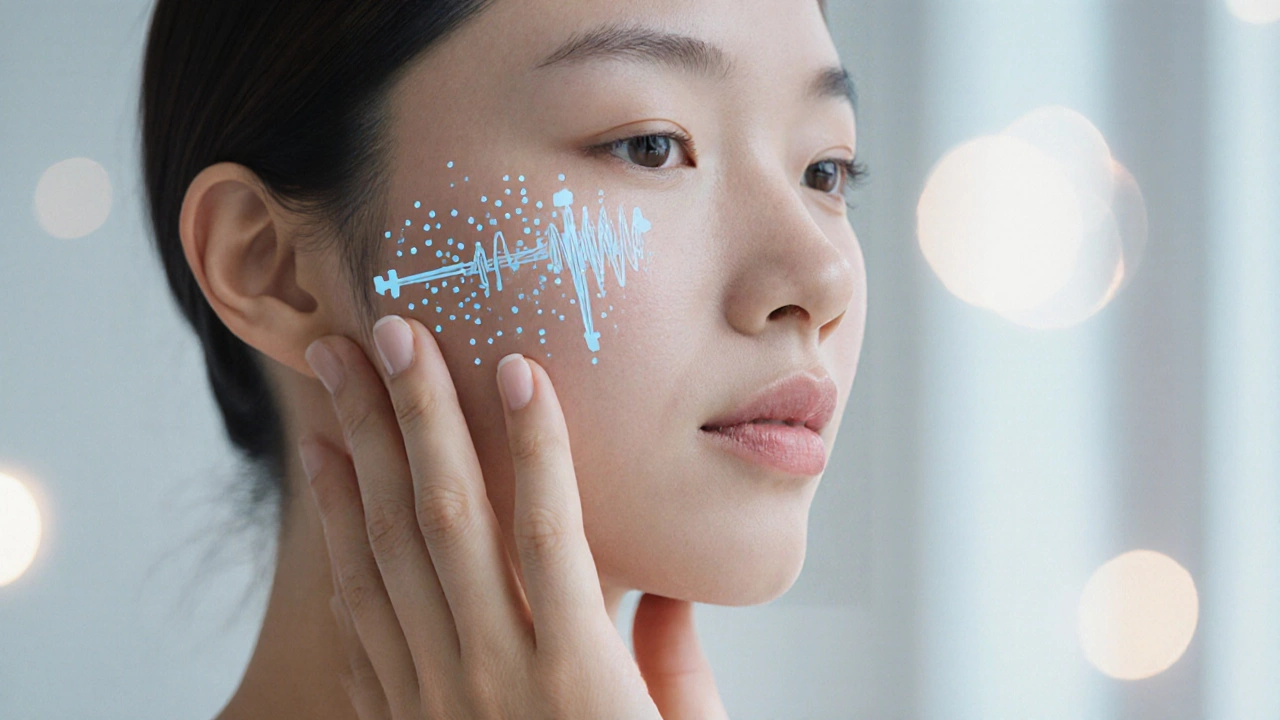 Рука женщины касается щеки, видны проникающие в кожу молекулы увлажнения и плазмы