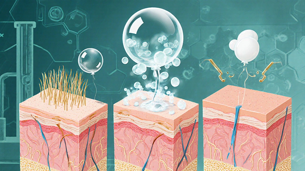 Схема кожи с активными ингредиентами: ретинол, гиалуроновая кислота и пептиды, взаимодействующими с клетками.