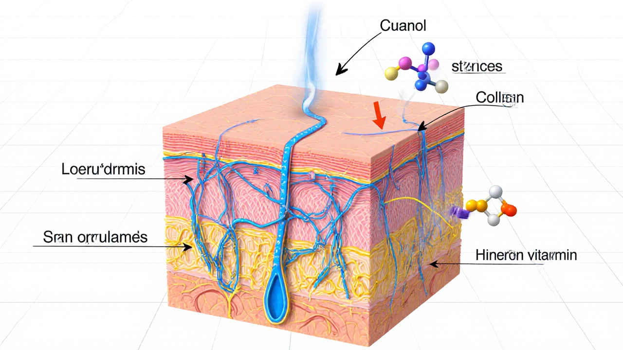 Схема слоев кожи с коллагеном, эластином и молекулами активных ингредиентов, стимулирующих восстановление.