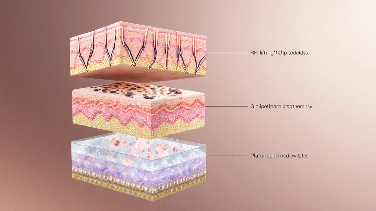 Схематическое изображение трёх процедур омоложения кожи: RF-лифтинг, ПРП, мезотерапия