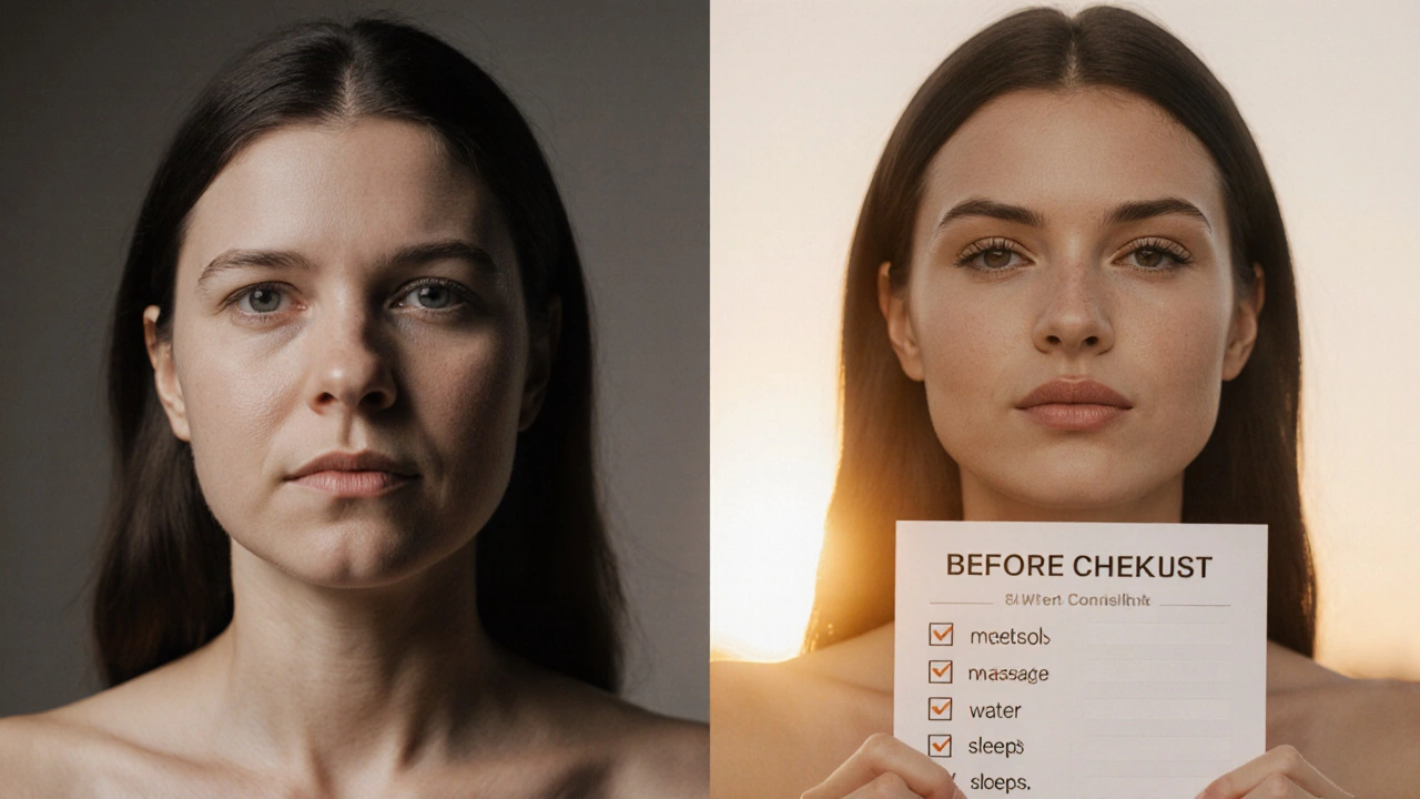 Сравнение до и после: тусклая кожа слева, сияющая — справа, на фоне чек-листа с уходом и сном.