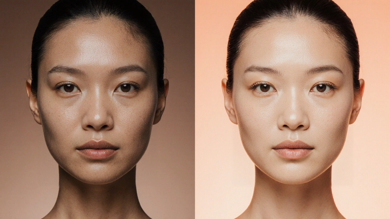 Сравнение кожи до и после курса косметологических процедур после 40 лет.