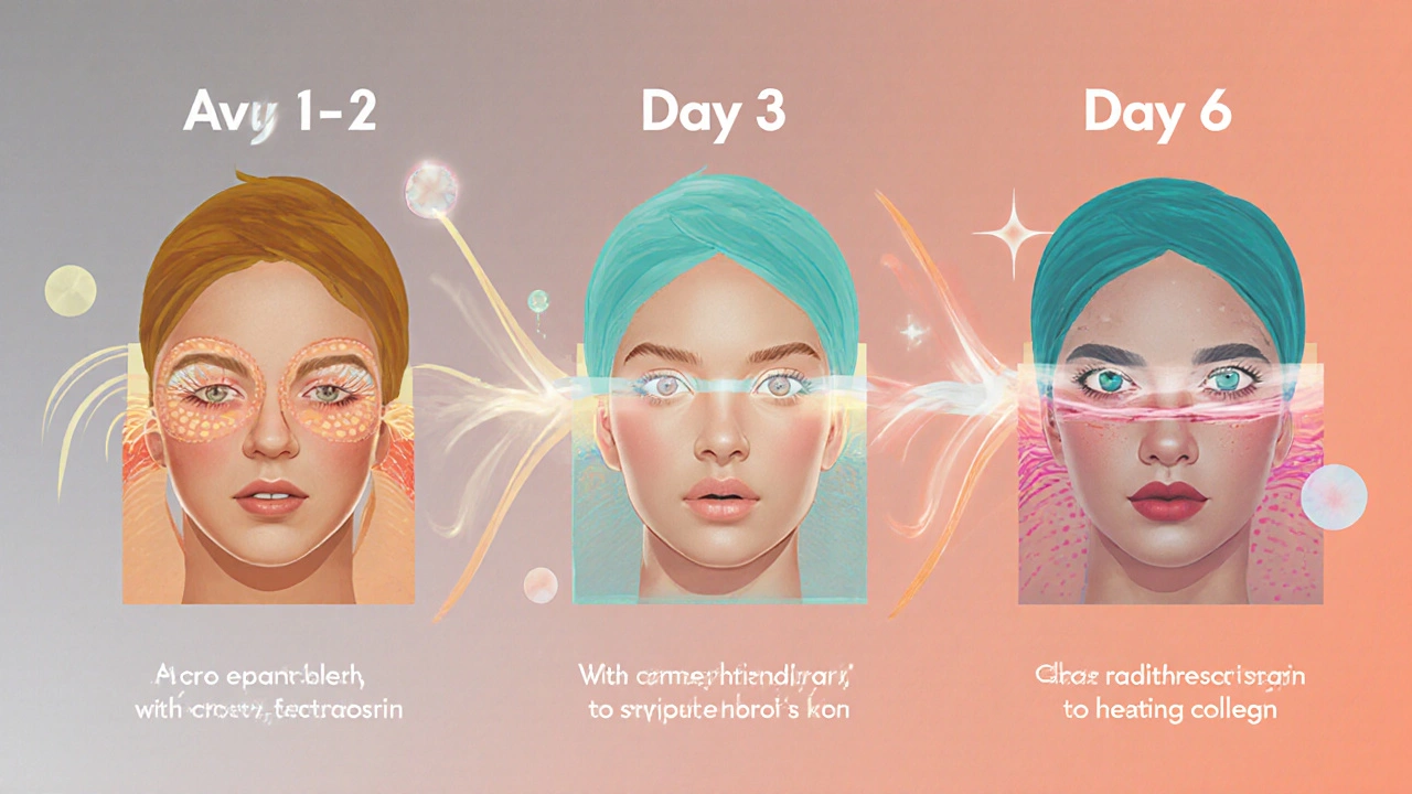 Три этапа омоложения кожи: микротоки, плазма и радиочастота, визуализированные как слоистый процесс обновления.