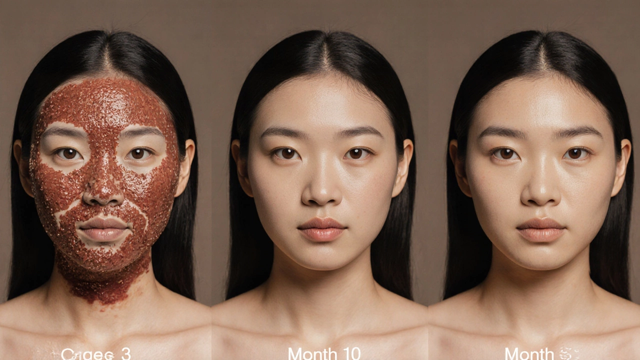 Три этапа восстановления кожи лица: шелушение, корочки и гладкая новая кожа.