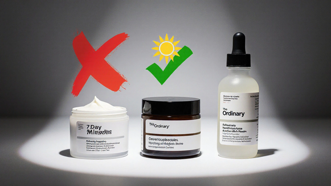 Три крема: дешевый с красным крестом, эффективный с зеленой галочкой и солнце над ними.