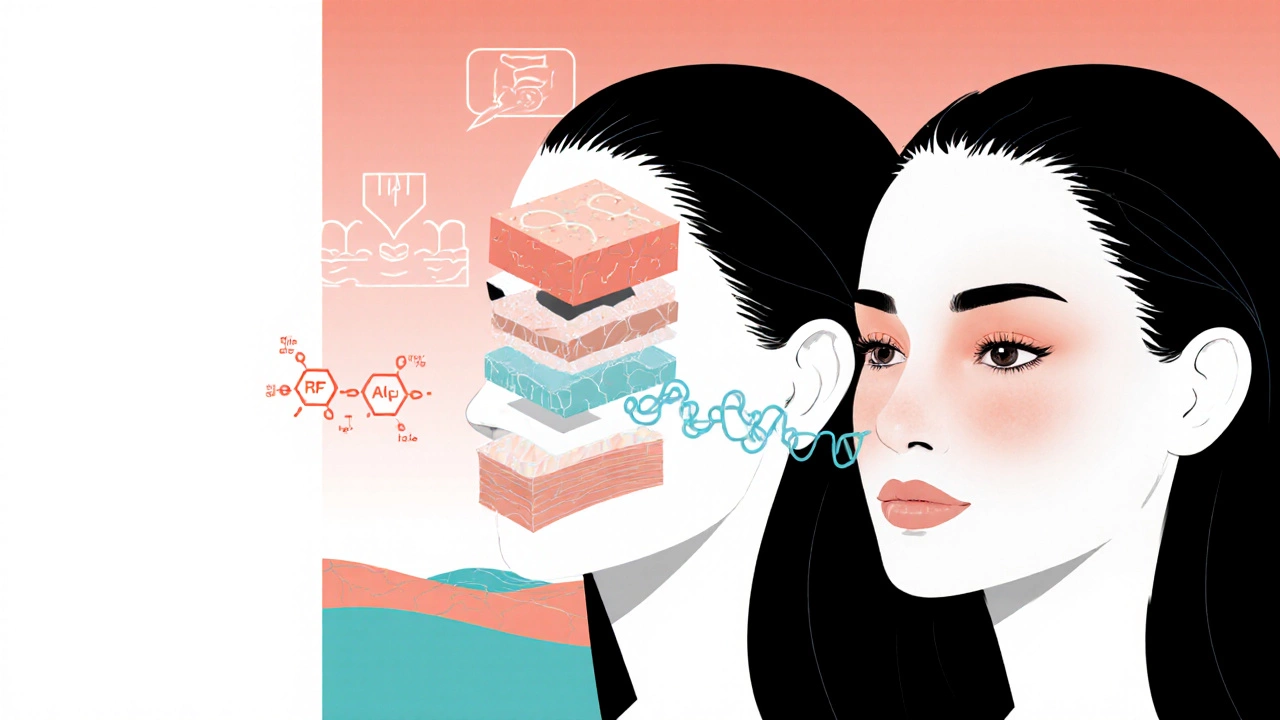 Три слоя лица: до, во время и после омолаживающей процедуры с символами ультразвука и пептидов.