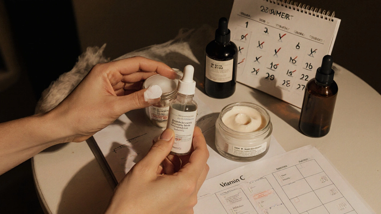 Вечерний уход за кожей: нанесение ретинола, увлажняющий крем, бакучиол и сыворотка с витамином С в холодильнике.