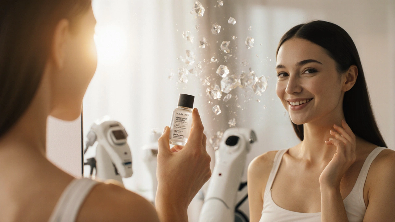 Женщина держит доступный крем, её кожа сияет, дорогие процедуры исчезают на фоне.