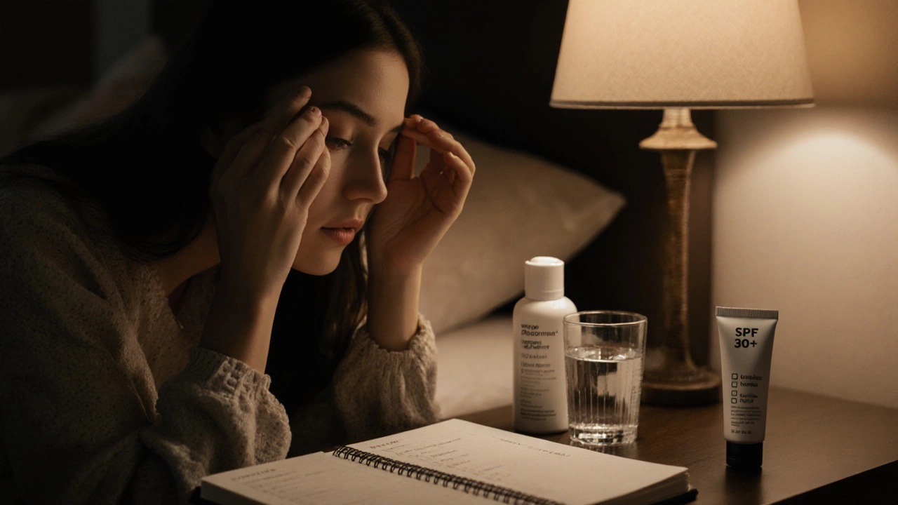 Женщина наносит крем перед сном с уходовыми средствами на тумбочке