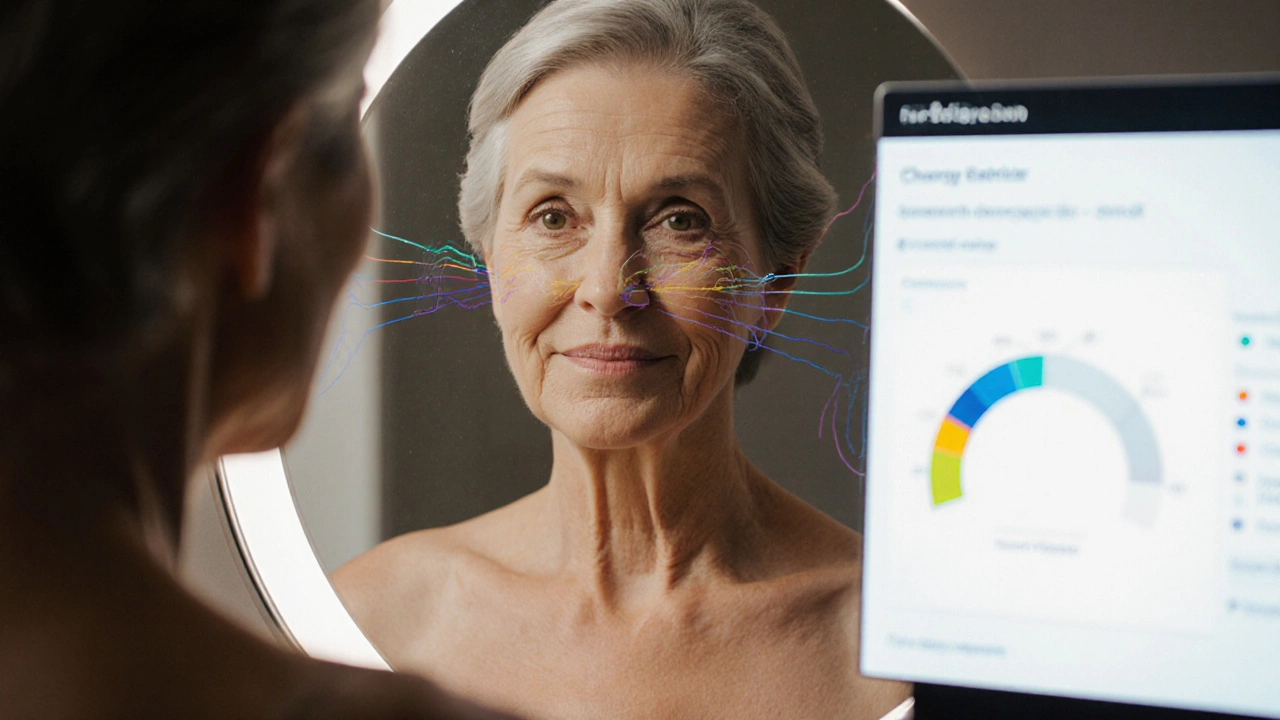 Женщина смотрит в зеркало, где видна подтяжка кожи ультразвуком — без хирургии, с цифровым анализом кожи на заднем плане.