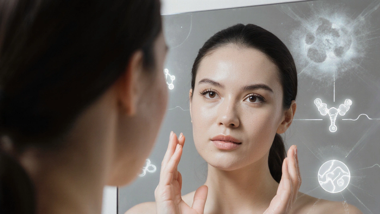 Женщина смотрит в зеркало: отражение чистой кожи, а за ней — исчезающие признаки акне и стресса.