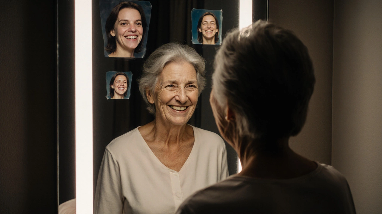 Женщина смотрит в зеркало: отражение молодое, реальное лицо — уставшее и без выражения.