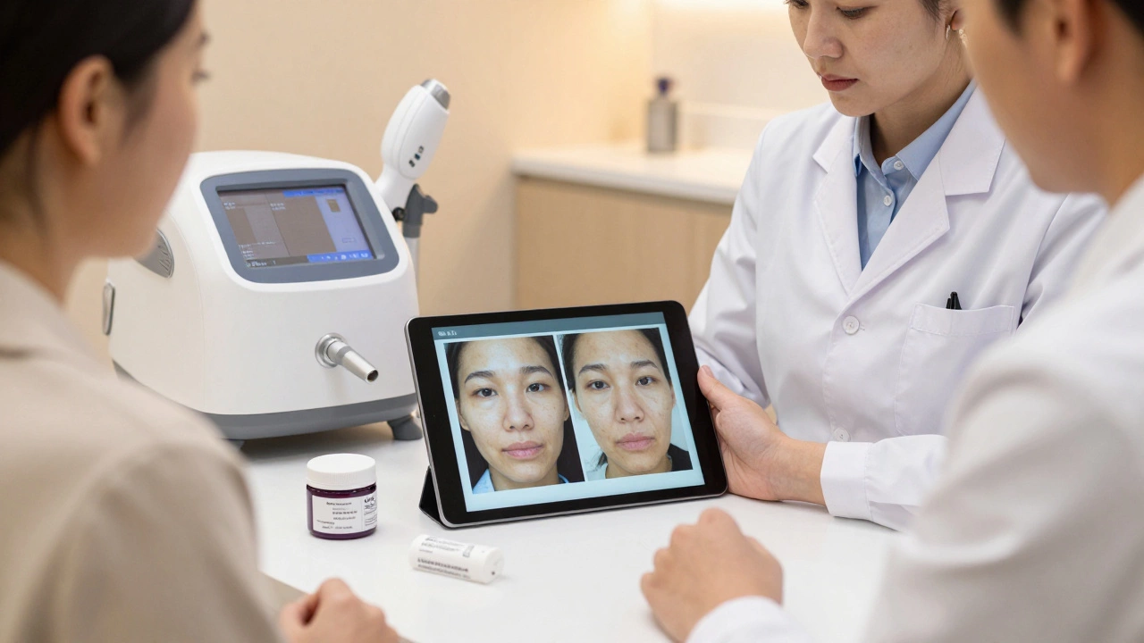 Дерматолог консультирует пациентку с изображениями лечения пигментации