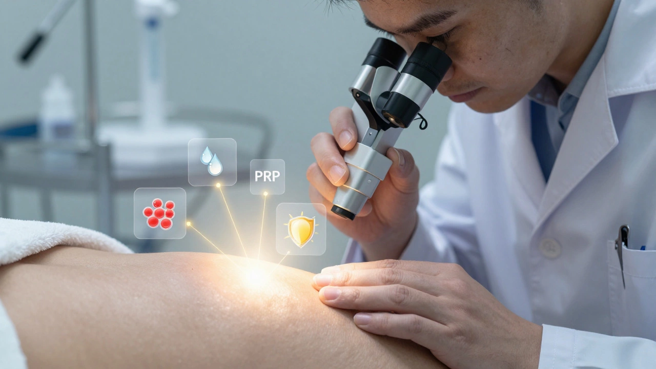 Дерматолог осматривает кожу с помощью дерматоскопа, над кожей — символы процедур