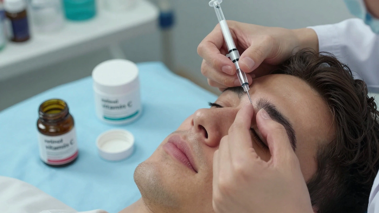 Дерматолог вводит инъекцию ботокса, рядом стоят баночки с кремами — символ различия между уходом и медицинским вмешательством.