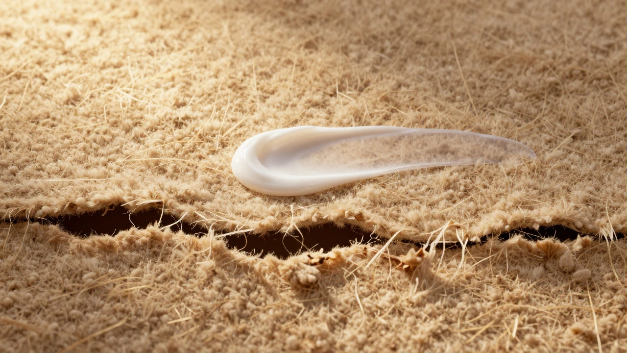 Концептуальное изображение старого ковра, где крем лишь смягчает поверхность, но не восстанавливает разрушенные участки.