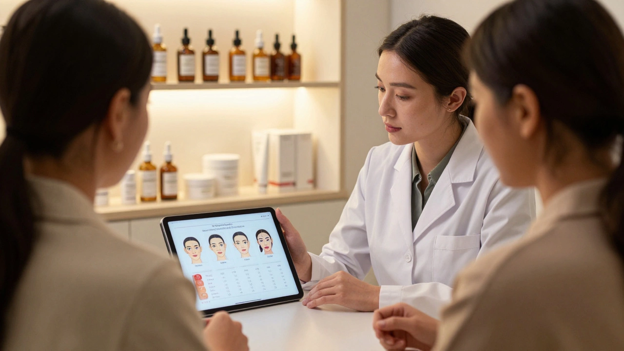 Косметолог объясняет индивидуальную программу ухода за кожей клиенту.