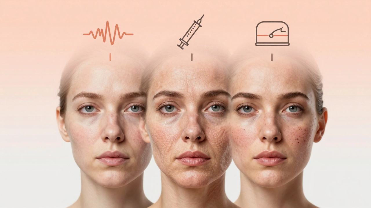 Лицо женщины разделено на три зоны: дряблость, морщины и пигментация, над каждой — символы процедур.