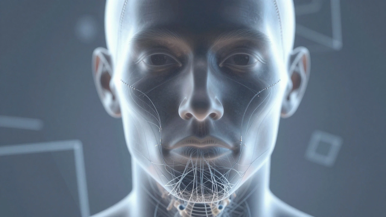 Мужское лицо с тонкими нитями, подтягивающими скулы, видны новые коллагеновые волокна.