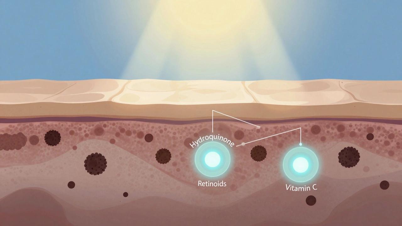 Разрез кожи с пигментными пятнами и активными ингредиентами, воздействующими на меланин