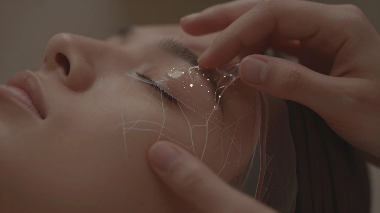 Рука наносит ретиноид на лицо, видны светящиеся частицы обновления клеток