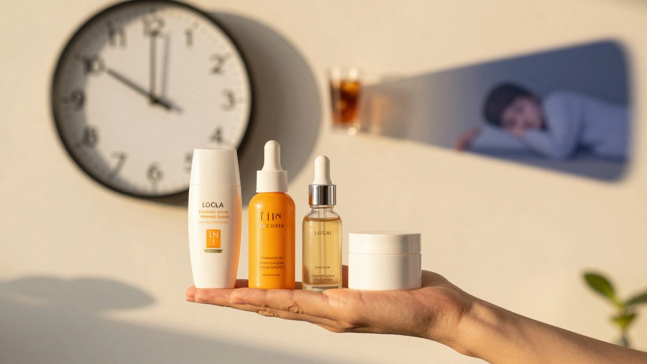 Рука наносит уход за кожей, за спиной — символы старения и здорового образа жизни.