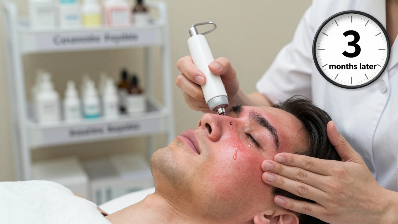 Специалист восстанавливает повреждённую кожу после лазера с помощью микротоков и ухаживающих средств.